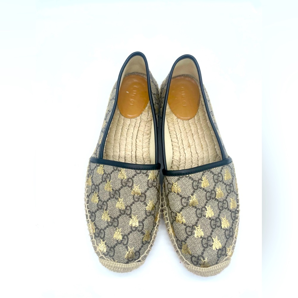 Gucci Beige Natural GG coated canvas black leather trim bee espadrille 38.5 - Picture 1 of 8